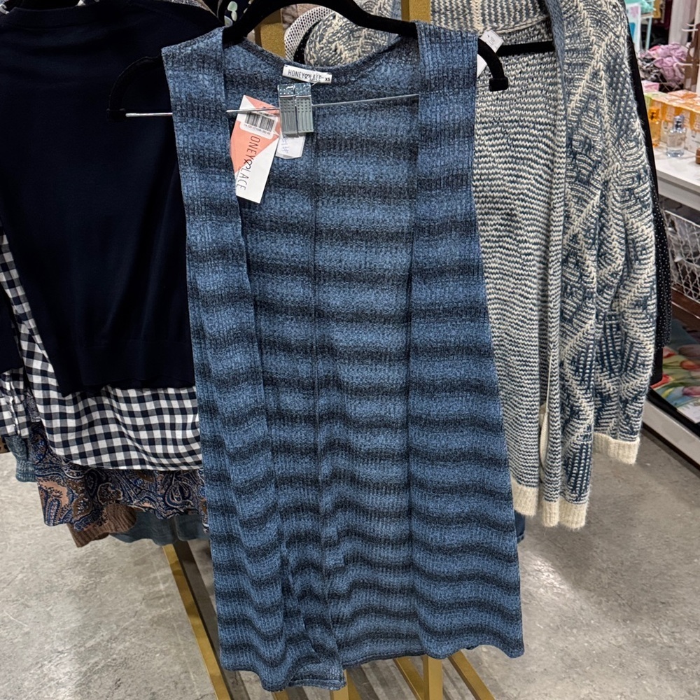 Honey and Lace Blue Striped Open Vest